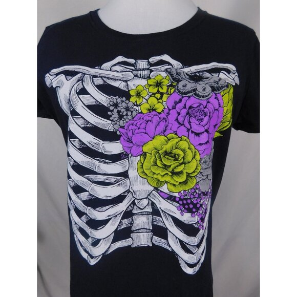 Michaels Shirt Womens Large Navy Graphic Skeleton Rib Cage Floral Goth Tee - Picture 4 of 10